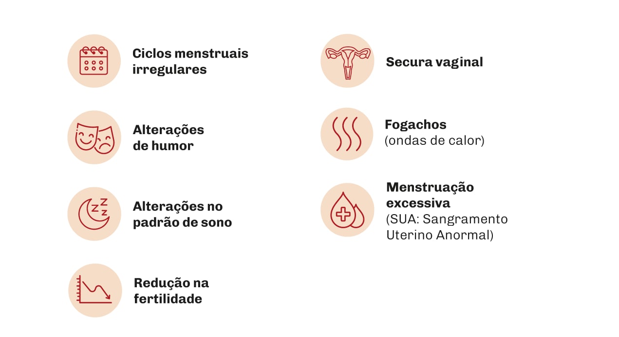 Principais sintomas da menopausa ciclos menstruais irregulares;alterações do humor;alterações no padrão do sono;redução na fertilidade;secura vaginal;fogachos (ondas de calor);menstruação excessiva (SUA: Sangramento Uterino Anormal)