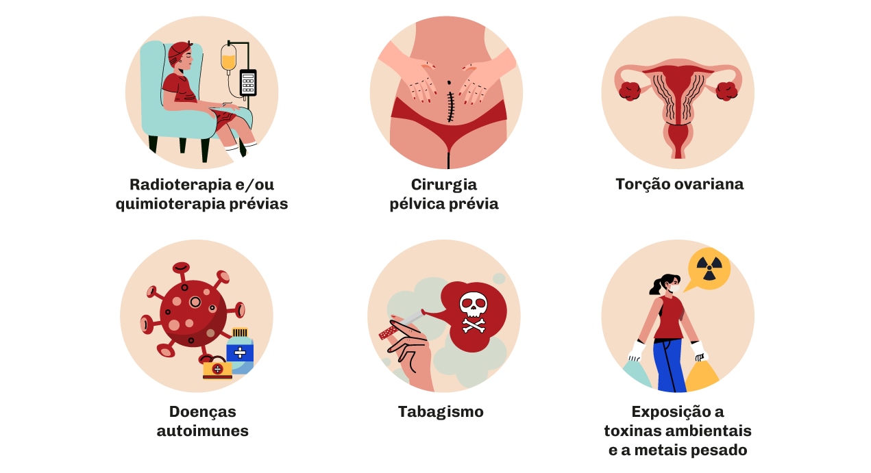 Motivos do inicio da menopausa radioterapia e/ou quimioterapia prévias;cirurgia pélvica prévia;torção ovariana;doenças autoimunes;tabagismo;exposição a toxinas ambientais e a metais pesados